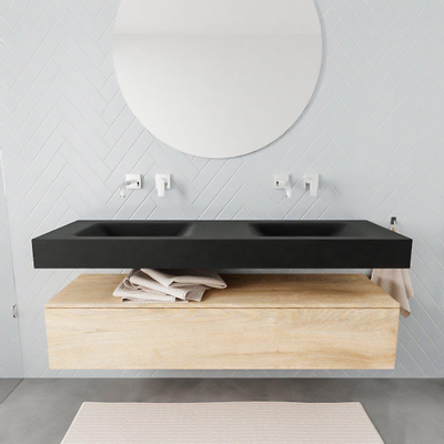 MONDIAZ ALAN 150cm - meuble bas - chêne blanchi - 1 tiroir - lavabo suspendu - 2 vasques - 0 trou de robinet - urban