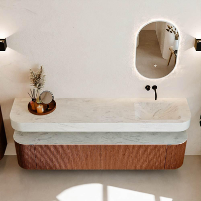 MONDIAZ THOR-DLUX 200cm meuble de salle de bains arrondi gauche + droite couleur Ruby avec 2 tiroirs et 2 portes. Vasque suspendue CLOUD Droite sans trou de robinet couleur Opalo.