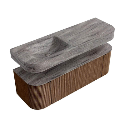 MONDIAZ THOR-DLUX 140cm badmeubel ronding links + rechts kleur Walnut met 1 lade en 2 deuren. Vrijhangende wastafel CLOUD Links zonder kraangat kleur Oza.