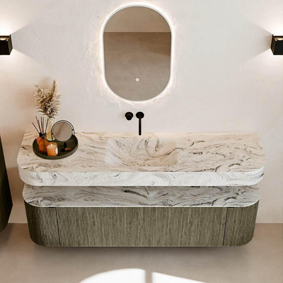 MONDIAZ THOR-DLUX Meuble de salle de bains 170cm arrondi gauche + droite couleur Shadow avec 1 tiroir et 2 portes. Vasque suspendue CLOUD Centre sans trou de robinet couleur Glace.