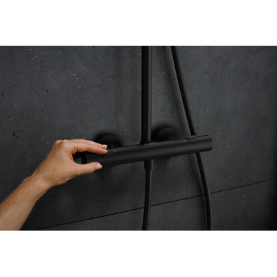 Hansgrohe Pulsify S Puro Ensemble de douche de tête thermostatique pluie - 26cm - douche de tête ronde - douchette à main sur barre - noir mat