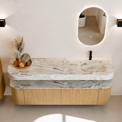 MONDIAZ THOR-DLUX 180cm meuble de salle de bains arrondi gauche + droite couleur Oak avec 2 tiroirs et 2 portes. Vasque suspendue CLOUD Droite 1 trou de robinet couleur Glace.