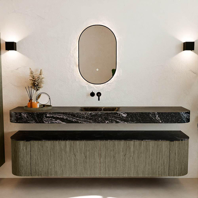 MONDIAZ THOR-DLUX 200cm meuble de salle de bains arrondi gauche + droite couleur Shadow avec 2 tiroirs et 2 portes. Vasque suspendue CLOUD Milieu sans trou de robinet couleur Lava.