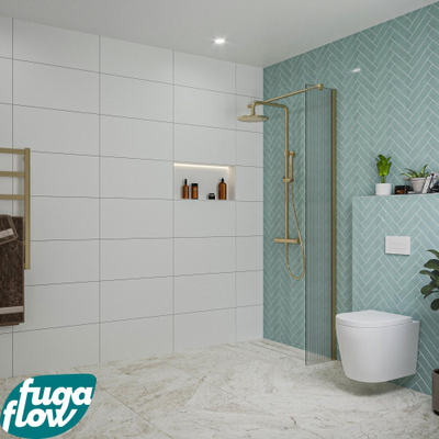 FugaFlow Eccelente Vetro inloopdouche badkamer - 30x200cm - ribbelglas - wandarm - geborsteld messing