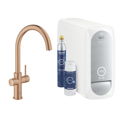 Grohe Blue Home Keukenkraan - C-uitloop - 1-gats - filterfunctie - plat licht en bruisend water - brushed warm sunset (koper)
