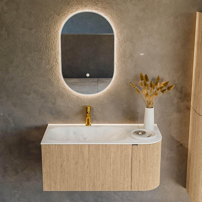 MONDIAZ KURVE-DLUX meuble de salle de bain 95cm avec module 25 R couleur chêne avec 1 tiroir et 1 porte. Lavabo BIG SMALL gauche 1 trou de robinetterie couleur Opalo.