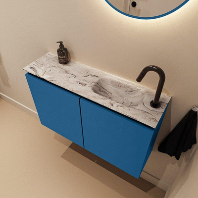 MONDIAZ TURE-DLUX Meuble toilette - 80cm - Jeans - EDEN - vasque Glace - position droite - 1 trou de robinet