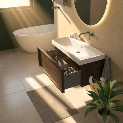 Saniclass Holz Frame Ensemble meuble de salle de bains - 100x45x47.5cm - Wave lavabo en céramique - 1 vasque - sans trou de robinet - 1 tiroir - chêne charcoal mat (bois)