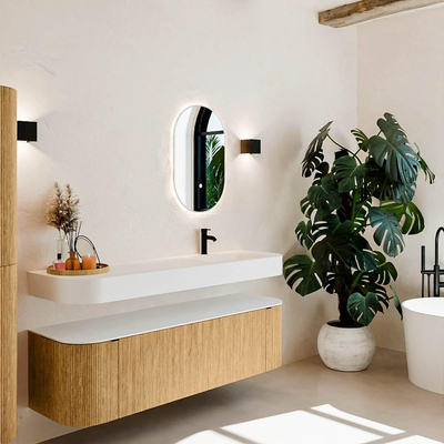 MONDIAZ THOR 160cm meuble de salle de bains arrondi gauche + droite couleur Chêne avec 1 tiroir et 2 portes. Vasque suspendue CLOUD Droite 1 trou de robinet couleur Talc.