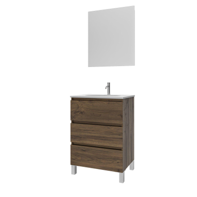 Saniclass Chaci PLUS Ensemble meuble de salle de bains - 60x86x46cm - lavabo en céramique blanc - 1 vasque ovale - 1 trou de robinet - 3 tiroirs - miroir rectangulaire - noyer (bois)