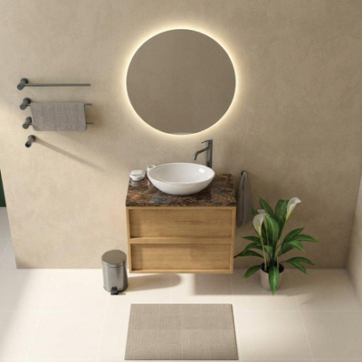 Saniclass Holz Frame Ensemble de meubles de salle de bains - 80x45x63cm - Plan de toilette en pierre naturelle Noche dark emperador - 1 trou de robinet - 2 tiroirs - chêne natural mat (bois)