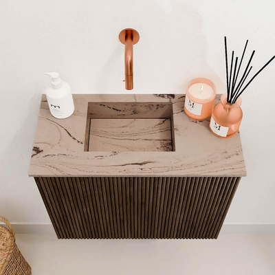 Mondiaz JOYA-DLUX 50cm toiletmeubel - kleur Walnut - Wastafel FAYE positie Links Zonder kraangat kleur Arena.