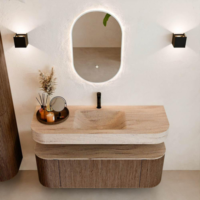 MONDIAZ THOR-DLUX 130cm meuble de salle de bains arrondi gauche + droite couleur Walnut avec 1 tiroir et 2 portes. Vasque suspendue CLOUD Milieu 1 trou de robinet couleur Saba.
