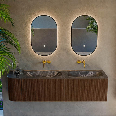 MONDIAZ KURVE-DLUX 165cm badmeubel met module 25 L kleur Walnut met 2 lades en 1 deur. Wastafel STOR SMALL dubbel / rechts zonder kraangat kleur Lava.