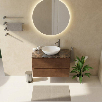 Saniclass Holz Atelier Ensemble de meubles de salle de bains - 100x45x63cm - Plan de toilette en pierre naturelle Noche dark emperador - 1 trou de robinetterie - 2 tiroirs - walnut pure mat (bois)