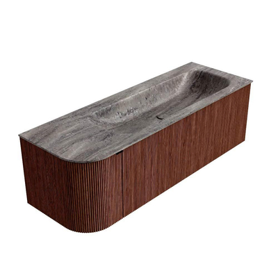 MONDIAZ KURVE-DLUX Meuble de salle de bains 135cm arrondi à gauche couleur Ruby avec 1 tiroir et 1 porte. Lavabo BIG MEDIUM à droite 1 trou de robinet Oza.