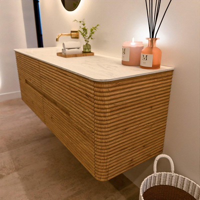 Mondiaz CIRO-DLUX Ensemble de meubles de salle de bains - 150x45x50cm - vasque solid surface Opalo - 1 bassin à gauche - sans trous de robinet - 4 tiroirs - Chêne