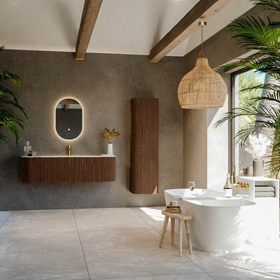 MONDIAZ KURVE-DLUX meuble de salle de bains 150 cm avec module 25 Len R couleur Walnut avec 1 tiroir et 2 portes. Lavabo BIG MEDIUM central 1 trou de robinet couleur Glace.