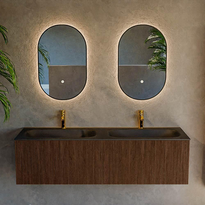 MONDIAZ KURVE meuble de salle de bains 150 cm couleur Walnut avec 2 tiroirs. Lavabo BIG SMALL double 2 trous de robinet Urban.