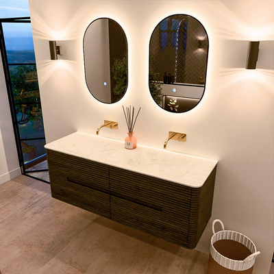 Mondiaz CIRO-DLUX Badkamermeubelset - 140x45x50cm - Solid surface wastafel Opalo - 2 wasbak Dubbel - zonder kraangaten - 4 lades - Shadow