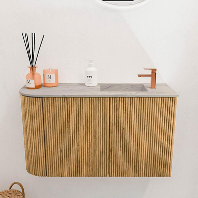 Mondiaz JOYA-DLUX 71.6cm meuble de toilette - arrondi gauche couleur Chêne - Vasque FAYE position Droite 1 trou de robinet couleur Glace.