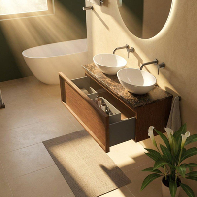 Saniclass Holz Frame Ensemble de meubles de salle de bains - 120x45x43cm - Plan de toilette en pierre naturelle Noche dark emperador - sans trou de robinetterie - 1 tiroir - walnut pure mat (bois)