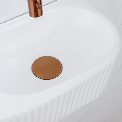 QeramiQ Fuente Ensemble de Lavabo - 40x21.5x12cm - strié - demi-rond - céramique - ensemble de robinet en cuivre brossé - bouchon de vidange - siphon abaissé - blanc mat