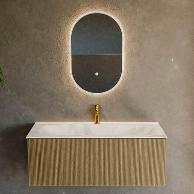 Mondiaz KURVE-DLUX Badkamermeubelset - 110x46x40cm - 1 lade - wastafel solid surface - midden - 1 kraangat - Dusk