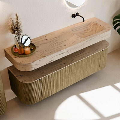 MONDIAZ THOR-DLUX Meuble de salle de bains 160cm arrondi gauche + droite couleur Dusk avec 1 tiroir et 2 portes. Vasque suspendue CLOUD Droite sans trou de robinet couleur Arena.