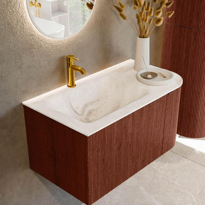 Mondiaz KURVE-DLUX Badkamermeubelset - 85x46x40cm - 1 lade - 1 deur - wastafel solid surface - links - 1 kraangat - Ruby