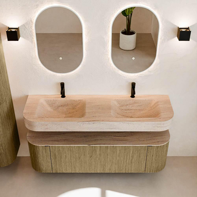 MONDIAZ THOR-DLUX 150cm meuble de salle de bains arrondi gauche + droite couleur Dusk avec 1 tiroir et 2 portes. Vasque suspendue CLOUD Double 2 trous de robinet couleur Saba.