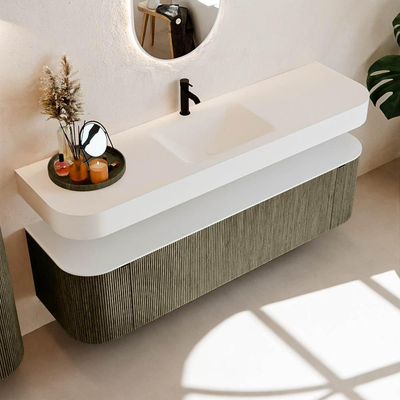 MONDIAZ THOR 170cm meuble de salle de bains arrondi gauche + droite couleur Shadow avec 1 tiroir et 2 portes. Vasque suspendue CLOUD Milieu 1 trou de robinet couleur Talc.