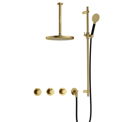 Hotbath Cobber ensemble de douche thermostatique avec 2 stop valves avec douchette ronde tuyau plafond 30cm et barre coulissante laiton brossé pvd