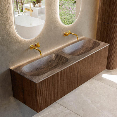 MONDIAZ KURVE-DLUX Meuble de salle de bains 140 cm couleur Walnut avec 2 tiroirs et 0 porte. Lavabo STOR SMALL Double sans trou de robinet Oza.