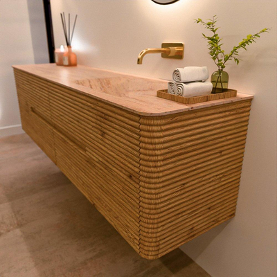 Mondiaz CIRO-DLUX Ensemble de meubles de salle de bains - 180x45x50cm - plan vasque Solid surface Saba - 1 vasque à droite - sans trous de robinetterie - 4 tiroirs - Chêne