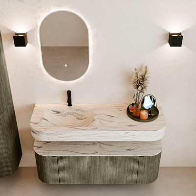 MONDIAZ THOR-DLUX 130cm meuble de salle de bains arrondi gauche + droite couleur Shadow avec 1 tiroir et 2 portes. Vasque suspendue CLOUD Gauche 1 trou de robinet couleur Nata.