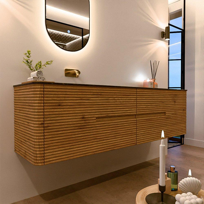 Mondiaz CIRO-DLUX Badkamermeubelset - 180x45x50cm - Solid surface wastafel Lava - 1 wasbak Links - zonder kraangaten - 4 lades - Oak