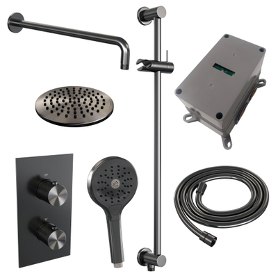 BRAUER Gunmetal Carving inbouw regendoucheset – Ø20 cm hoofddouche – 40 cm gebogen wandarm – ronde handdouche – met omstel