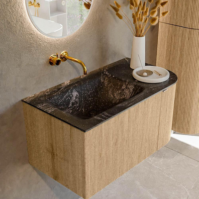 MONDIAZ KURVE-DLUX Meuble de salle de bains 85 cm avec module 25 R couleur Oak avec 1 tiroir et 1 porte. Lavabo CLOUD gauche sans trou de robinet couleur Lava.