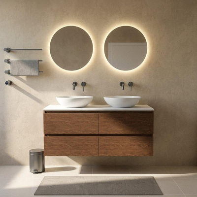 Saniclass Holz Pure Ensemble meuble de salle de bains - 140x45x62.5cm - plan supérieur Torino en solid surface blanc - sans trou de robinet - 4 tiroirs - noyer pure mat (bois)