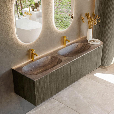 MONDIAZ KURVE-DLUX Meuble de salle de bains 165cm arrondi à droite couleur Shadow avec 2 tiroirs et 1 porte. Lavabo STOR SMALL Double / Gauche 2 trous de robinet Oza.