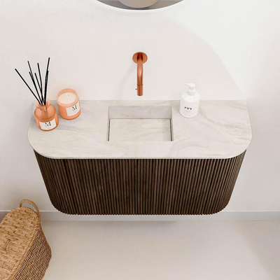 Mondiaz JOYA-DLUX 73.2cm toiletmeubel - ronding links en rechts kleur Walnut - Wastafel FAYE positie Midden Zonder kraangat kleur Ostra.