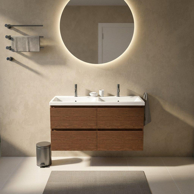 Saniclass Holz Pure Ensemble de meubles de salle de bains - 120x45x63.5cm - Lavabo en céramique Bari blanc - 2 vasques - 2 trous de robinetterie - 4 tiroirs - walnut pure mat (bois)