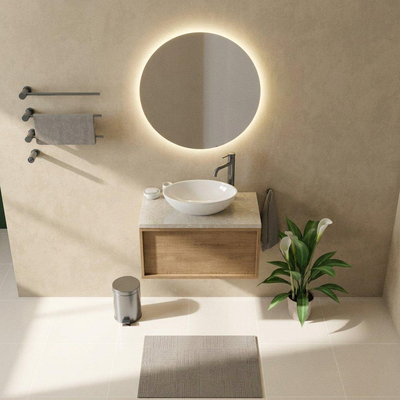 Saniclass Holz Frame Badkamermeubelset - 80x45x43cm - Travertine natuurstenen topblad - 1 kraangat - 1 lade - mat eiken natural (hout)