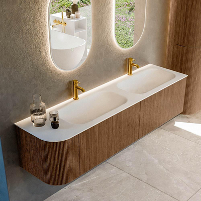 MONDIAZ KURVE 175cm Meuble salle de bain avec module 25 G - couleur Walnut - 2 tiroirs - 1 porte - vasque BIG SMALL double / droite - 2 trous de robinet - Talc