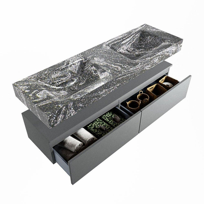 Mondiaz ALAN-DLUX Ensemble de meuble - 150cm - meuble Plata mat - 2 tiroirs - Lavabo Cloud Lava suspendu - vasque Gauche et droite - 2 trous de robinet