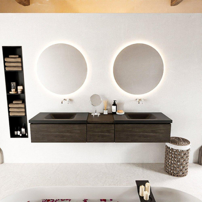 MONDIAZ BUKLA 200cm ensemble de meuble avec module 40 couleur Marron Foncé avec 3 tiroirs. Lavabo CLOUD double 0 trou de robinet couleur Urban.