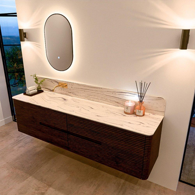 Mondiaz CIRO-DLUX Ensemble de meubles de salle de bains - 190x45x50cm - vasque en solid surface Nata - 1 bassin à gauche - sans trous de robinet - 4 tiroirs - Noyer