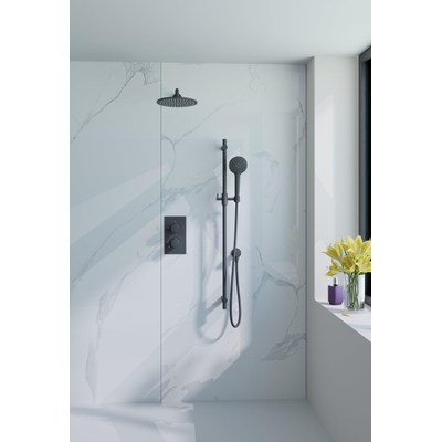 Fortifura Calvi Ensemble de douche pluie encastrable - thermostatique - bras mural - pommeau 25cm - barre curseur - douchette ronde - flexible en métal - Noir mat