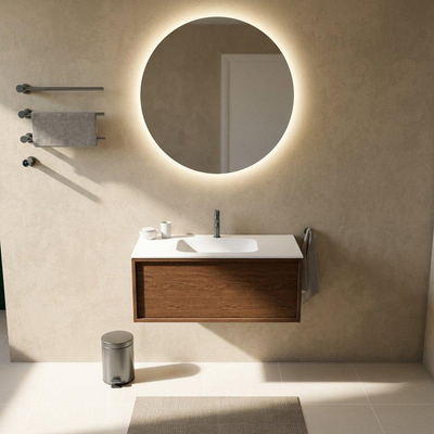 Saniclass Holz Frame Ensemble meuble de salle de bains - 100x45x41.5cm - lavabo Flow en Solid Surface blanc - 1 vasque - 1 trou de robinetterie - 1 tiroir - noyer pure mat (bois)